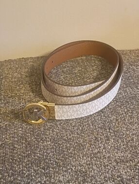 Michael Kors White and Brown Logo Belt with Gold Silver MK Buckle